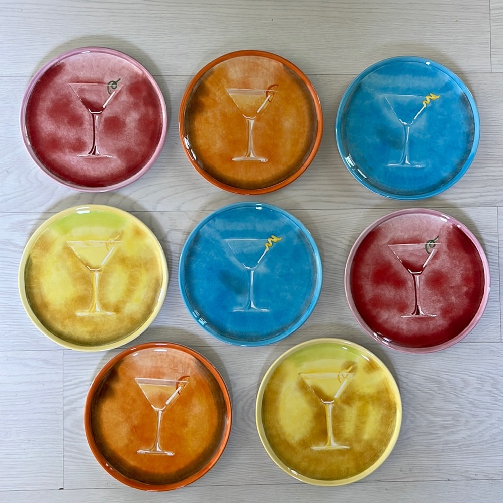 8 Vintage Artland Martini Glasses Dessert Plates Set Recipes on Back